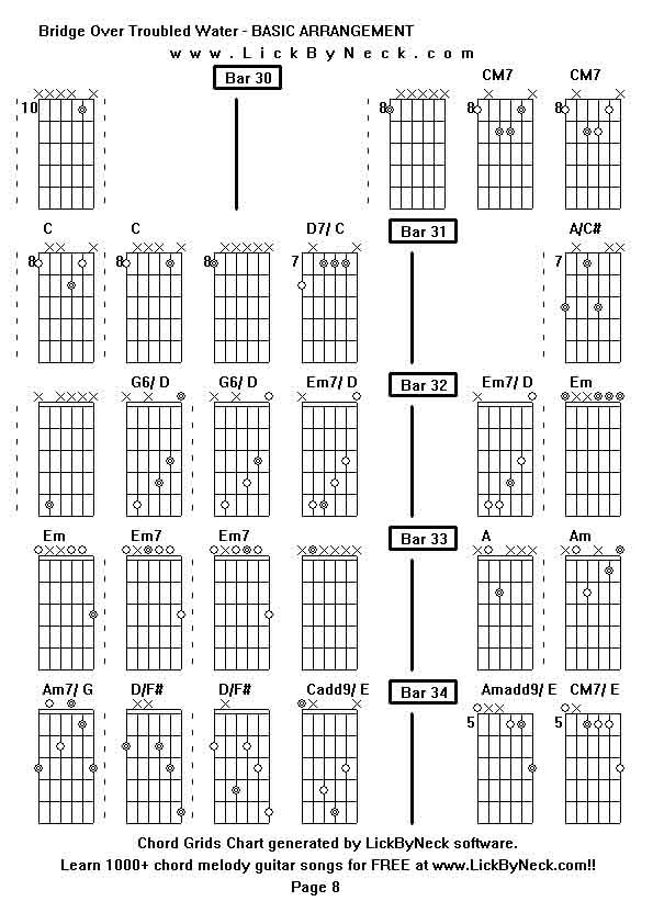 Chord Grids Chart of chord melody fingerstyle guitar song-Bridge Over Troubled Water - BASIC ARRANGEMENT,generated by LickByNeck software.